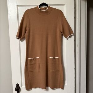 Nicole Miller Tan Sheath Dress Short Sleeve Mock Neck